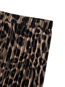 Falda plisada casual con estampado de leopardo todo sobre, falda plisada de línea A con cintura elástica para mujeres, primavera/verano - Caqui Negro - Ver 4