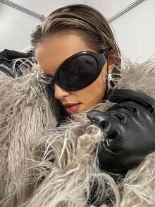 1pc Oversized Oval Shaped Fashion Glasses, Retro Y2K Versatile Casual Glasses, Suitable For Daily Wear, Street Photography, Travel, Autumn/Winter Matching, Unisex - 黑色 - 查看 3