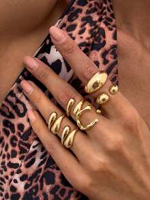 6pcs/Set Liquid Metal Teardrop Hug Joint Rings, Minimalist Design Adjustable Finger Rings Set, Suitable For Party, Gift, Daily Wear - Gold - View 3