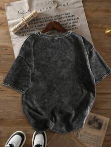 复古水洗短袖T恤，印有嘴唇图案和心形太阳镜，女士波普艺术涂鸦图案T恤，女士水洗棉T恤，日常女装，雪花图案面料，舒适圆领休闲上衣，复古做旧T恤，春夏服装，女士节日服装，情人节，夏季黑色 - 黑色 - 查看 5