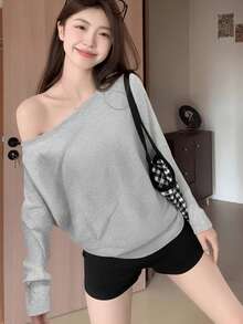 Loose Fit Off-Shoulder Long Sleeve T-Shirt, Casual And Relaxed Style - Grey - View 7
