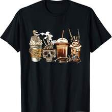 Camiseta divertida con diseño de calavera y esqueleto de café blanqueada para hombres y mujeres amantes del café - Negro 1 - Ver 1