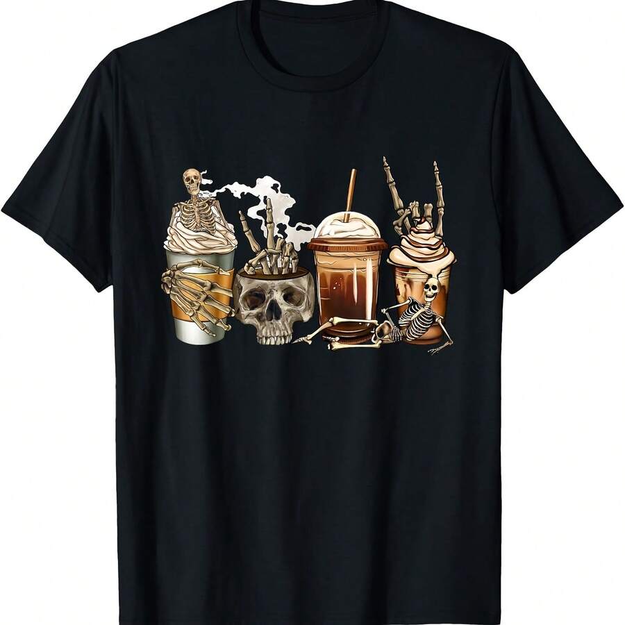Camiseta divertida con diseño de calavera y esqueleto de café blanqueada para hombres y mujeres amantes del café - Negro 1 - Ver 1