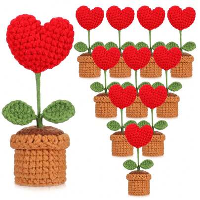 10pcs Handmade Woven Heart-Shaped Artificial Flower Pots, Home Decor Mini Ornaments, Suitable For Mother's Day, Valentine's Day, Christmas, Back To School Gifts And Indoor Decoration