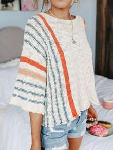 Plus Size Women Loose Striped Short Sleeve Beach Casual Sweater, Suitable For Summer, Spring Break, Winter Holiday Party, White Top - Beige - View 2