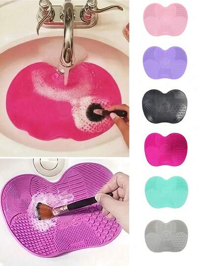 1/2pcs Silicone Makeup Brush Cleaning Mat, Portable Makeup Brush Cleaner With Suction Cup, Apple-Shaped Silicone Makeup Brush Cleaning Pad Suitable For Makeup Brushes, Makeup Sponges, Powder Puffs, Suitable For Travel, Home, School, Dorm, Vacation, Party