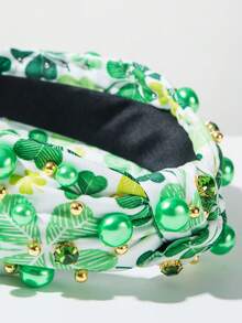 St. Patrick's Day Headband With Printed Clover, Faux Pearls Decor, Holiday Hair Accessory - Big Leaf - View 2