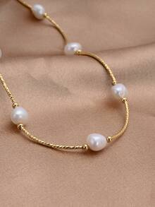 1pc 18K Gold Plated Natural Freshwater Pearl Necklace, Gift For Mother's Day, Valentine's Day, Birthday, Wedding, Engagement, Bride - White - View 2