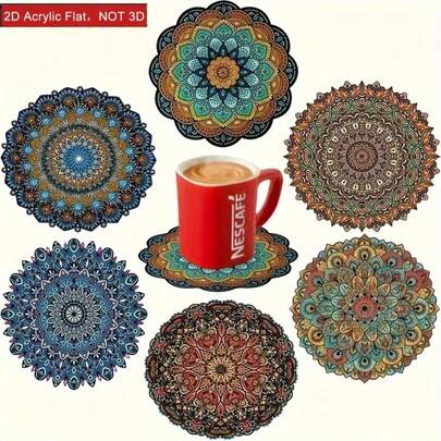 6pcs/Set 2D Flat Wooden Coaster Combination, Includes Asymmetrical Mandala Floral Patterns, Colorful Printed Washable Heat-Resistant Non-Slip Pads, Suitable For 11 Holiday Occasions