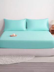3pcs Solid Color Fitted Sheet Set  With 1pc Fitted Sheet+2pcs Pillow Case Without Filler, Modern Soft Bedding Set For Household Sheet Deep Pocket Up To 15 Inch - 淺藍色 - 查看 1