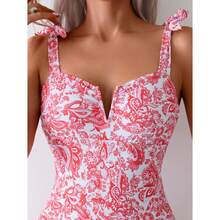 One Piece Swimsuit Red Paisley Floral Deep V Neck - Women's Tie Shoulder Swimwear Retro Vintage Bathing Suit Tummy Control Corset Beach Pool Summer Vacation - 多色217 - 查看 2