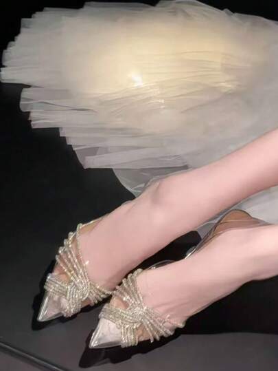 New Spring/Summer Silver Crystal Transparent Strap Mule High Heel Shoes, Pointed Toe Stiletto Sandals, Solid Color Glamorous Crystal Party Shoes
