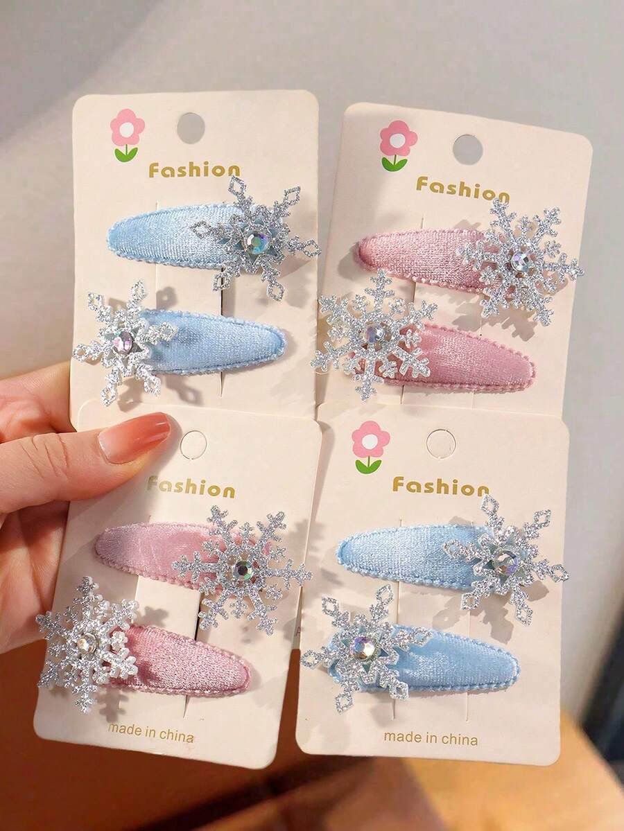 4pcs Girls Cute Sweet Princess Style Snowflake Velvet Side Bangs Hair Clips - Multicolor - View 1