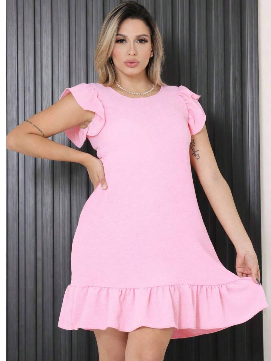 Plus Size Midi Dress, Fits Large And Small Sizes, With Ruffled Princess Sleeves, Puff Sleeves, And A Loose Fit, Dune Color. - Rosa Pálido - Ver 1