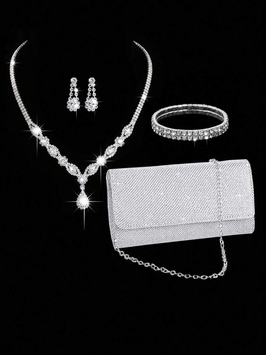 Conjunto de joyería para fiesta de 4 piezas: Bolso de embrague minimalista de moda para mujer, bolso de hombro con cadena, bolso de fiesta, collar con strass, aretes con cadena de garra - Plateado - Ver 1