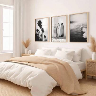 一套无框冲浪板墙饰 - 黑白冲浪海报 - 复古冲浪摄影 - 加州冲浪者 - 送给冲浪爱好者的礼物