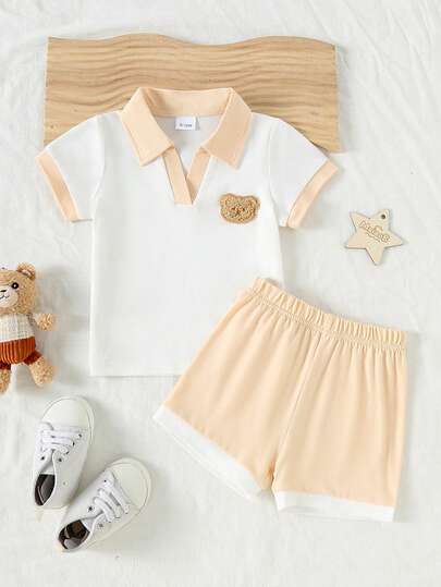 男婴可爱透气两件套，小熊刺绣V领短袖Polo衫+撞色休闲短裤，夏季