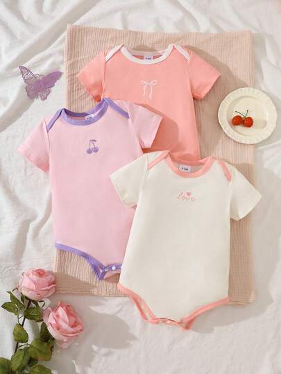 3pcs/Set Girls & Toddlers Casual English Letter, Heart, Cherry, Bow Graphic Soft Knit Short Sleeve Romper, Suitable For Outdoor Wear, Spring/Summer