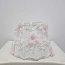 Pleated Fabric Lampshade, Wavy Shape, Pure White Fabric With 3D Cherry Blossom Petal Decor, Romantic Bedroom Lamp Shade, Lace Floral Trim Decor, Bedside Lamp Accessories - Straight Cherry Blossom Lampshade - View 12
