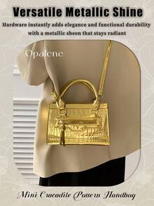 Gold Crocodile Pattern Handbag For Women, Mini Fashionable Multi-Use Zipper Closure Handbag With Detachable Shoulder Strap, Simple Chic Shiny Texture Tote Shoulder Crossbody Bag, Versatile For Various Occasions Like Casual, Shopping, Party - 彩色 - 查看 4