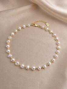 1pc 18K Gold Plated Natural Freshwater Pearl Necklace, Gift For Women, Mother's Day, Valentine's Day, Birthday, Wedding, Bride - White - View 1