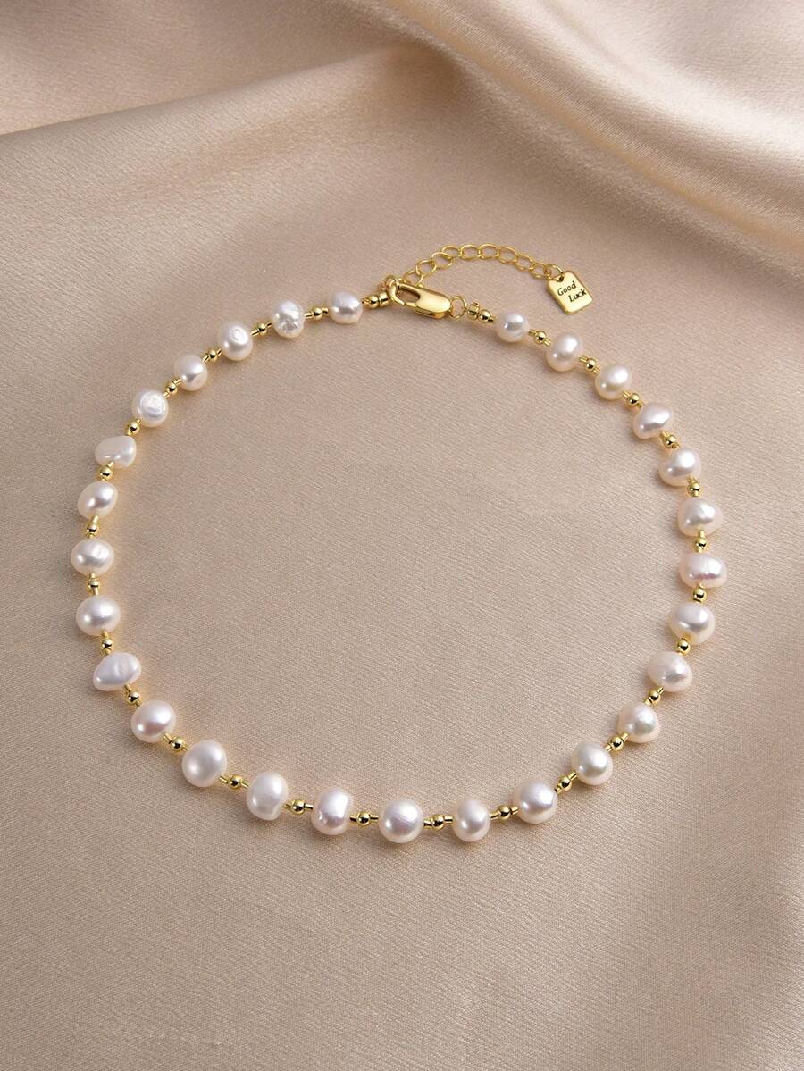 1pc 18K Gold Plated Natural Freshwater Pearl Necklace, Gift For Women, Mother's Day, Valentine's Day, Birthday, Wedding, Bride - White - View 1