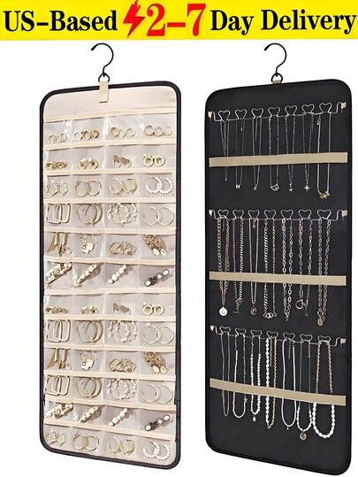 [Delivery Within 2-7 Days In The United States]Large Capacity Jewelry Organizer Hanging Bag - Double-Sided Wall-Mounted Closet Storage With Hooks For Earrings/Necklaces/Rings | Dustproof Premium Polyester Door Organizer (Black Valentine's Gift Idea) Hanging Jewelry Organizer, Necklace Holder Earrings Rings Hanger With Pockets Hang On Closet, Wall, Door,1 Piece, Extra Large Black Suitable For Home Storage, Jewelry ,Valentine's Day Gift, Sun Travel, Back To School, High Conversion Keywords, Elegant, Modern, Minimalist, Functional, Versatile, Decorative, Perfect For Bedroom, Vanity Table, Closet, Gift For Girls, Women, Birthday, Christmas, Holiday Season, Festival Decor, Stylish