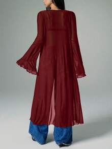 2026 Women's Tie Front Ruffle Sheer Blouse Long Bell Sleeve Going Out Casual Tops Flare Sleeve Front Tie Long Fashion Shirt - 紅色 - 查看 5