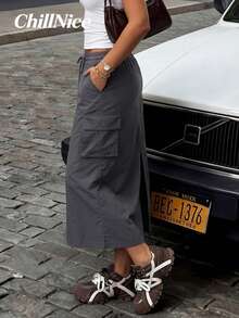 Women's Elegant Grey Cargo Midi Skirt - Elastic Waist Drawstring Pocketed Skirt, Lightweight & Wrinkle-Resistant For Spring, Casual Outings & Going Out - Grey - View 1