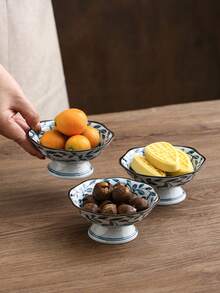 1pc/2pcs Underglaze Hand-Painted Ceramic Bowl, High Foot Tea Snack Plate, Cake Nut Plate, Fruit & Appetizer Dish - Multicolor - View 1