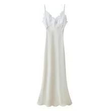New Spring/Summer Sexy V-Neck Lace-Trimmed Long Satin Dress - 白色 - 查看 9