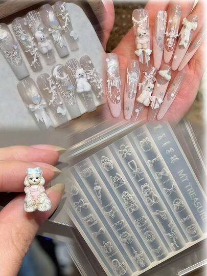1pc Cute Maltese Dog, Bow, Dessert, Kitty, Floral Edging 3D Nail Art Mold, Transparent Silicone Mold