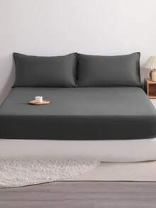 3pcs Solid Color Fitted Sheet Set  With 1pc Fitted Sheet+2pcs Pillow Case Without Filler, Modern Soft Bedding Set For Household Sheet Deep Pocket Up To 15 Inch - 深灰色 - 查看 1