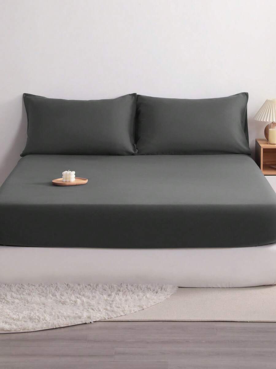 3pcs Solid Color Fitted Sheet Set With 1pc Fitted Sheet+2pcs Pillow Case Without Filler, Modern Soft Bedding Set For Household Sheet Deep Pocket Up To 15 Inch - 深灰色 - 查看 1