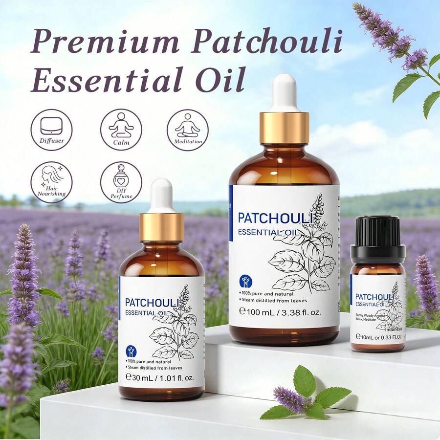 100毫升/30毫升/10毫升广藿香精油，HIQILI 100%纯天然，舒缓肌肤，滋养秀发，适用于香薰机、加湿器、持久留香蜡烛、DIY工艺品。