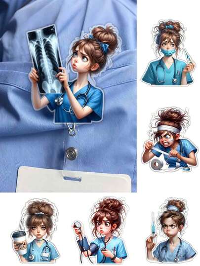 2D Acrylic Medical Badge Clip With Cute Nurse Pattern - Retractable Badge Reel, Tag Suitable For Medical Students And Practicing Nurses - PMMA Material For Workplace ID, Medical Tag Holder