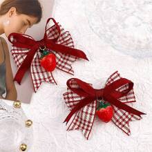 Handmade Red Plaid Strawberry Hair Clip With Cute Bow, Original Lolita Hair Accessory - Multicolor - View 2