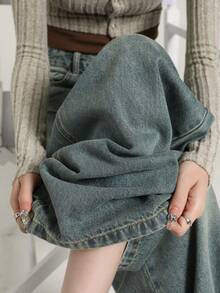 YEAE | 复古A字阔腿牛仔裤，新款梨形修身宽松垂坠休闲长裤 - 中等水洗藍 - 查看 6