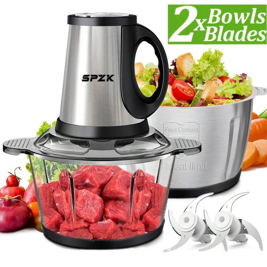 SPZTJK [High Power Food Processor] 2L High Power Food Processor - 304 Stainless Steel Electric Meat Grinder, Mixer, Chopper For Meat, Vegetables, Fruits And Nuts With 4 Sharp Blades