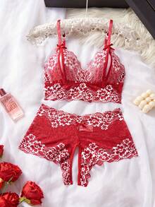 Lace Crotch Less Seductive Lingerie, Semi Transparent Deep V Slim Fit Backless Design For Women's Sexy Lingerie, Blue Contrasting Lace Sexy Lingerie, Semi Transparent Open Chest Bra And Crotch Less Triangle Pants Set, Perfect For Romantic Scenes - Burgundy - View 7