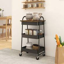 3-Tier Kitchen Storage Trolley | With Wheels & Cover Top Board | Rustic Brown And Black - Default - View 5