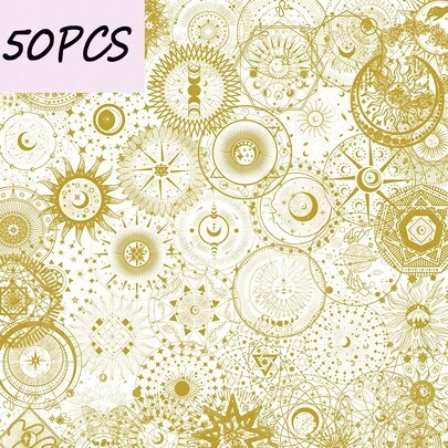 50张烫金魔幻日月系列PVC贴纸，装饰贴纸，适用于手机、吉他、头盔、滑板等。