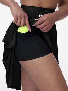 HOTSUIT 女款網球裙，不對稱下擺，內建短褲－修身設計適合快速運動，附口袋－適合網球、羽球與健身 - 黑色 - 查看 9