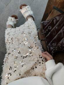 Korean Style Casual Sequin Knit A-Line Skirt With Elastic Waist, Versatile For Early Autumn - Apricot - View 1