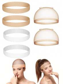 4pcs Nylon Wig Caps And Silicone Wig Grip Bands For Women, Seamless Non-Slip Adjustable Elastic (White, Light Brown, Skin Tone) - Multicolor - View 2