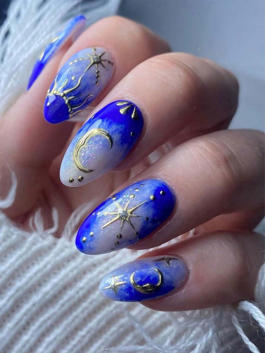 24Pcs Celestial Blue Marble Press-On Nails Almond Shape Fake Nails With Gold Moon & Star Pattern, Glossy Finish - Multicolor - View 1