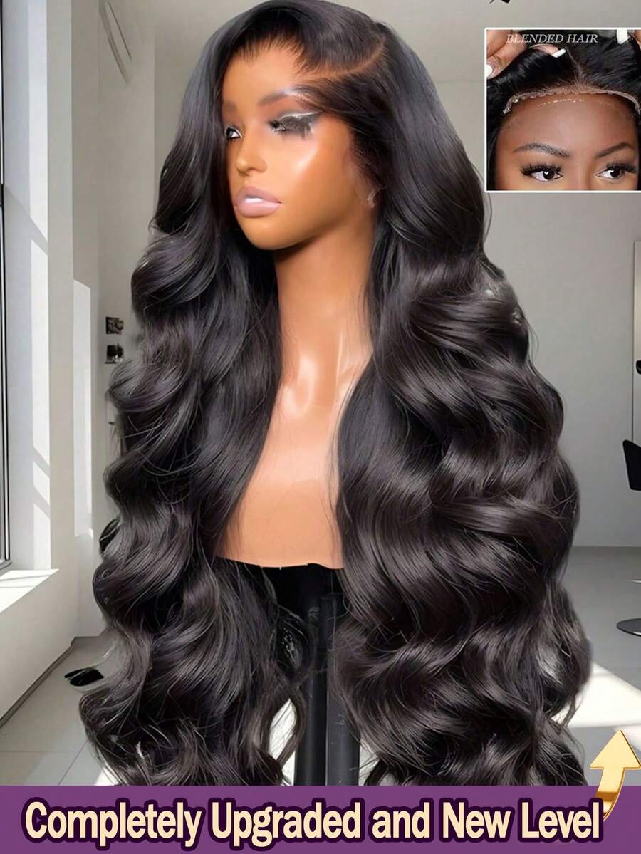 30英寸高清全蕾丝前假发，女士长款波浪卷发混发假发，13x4蕾丝前高清透明蕾丝假发，200%密度自然黑混发假发，预修剪婴儿发 - 自然色&黑色系 - 查看 1