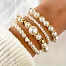 4 Pieces Fashionable Heart-Shaped Pearl Bracelet Set - Elegant Women's Bracelet Accessory For Dressing Up, Valentine's Day Gift, Daily Wear - 彩色 - 查看 5