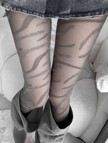 1 Pair Zebra Textured Lurex Glitter Socks, Sexy Shiny Fashion Elastic Stockings For Music Festival/Party/Prom/Y2K - Multicolor - View 5