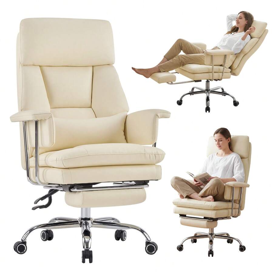 Fumahome Pu-Leather Home Office Desk Chair With High Backrest And Footrest,Modern Ergonomic Computer Chair With Wide Cushion ,Comfy Gaming Chair For Office,Computer Room - 米色 - 查看 1